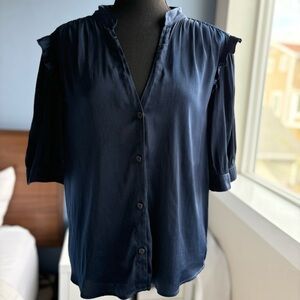 Melrose and Market Midnight Blue Satin Short Sleeve Button Down Blouse